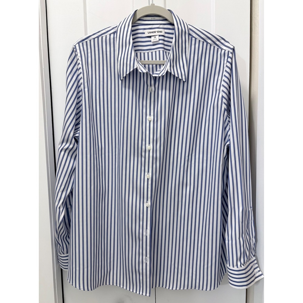 Lands End Womens 18 Blue White Striped No Iron Cotton Button Down Long Sleeve